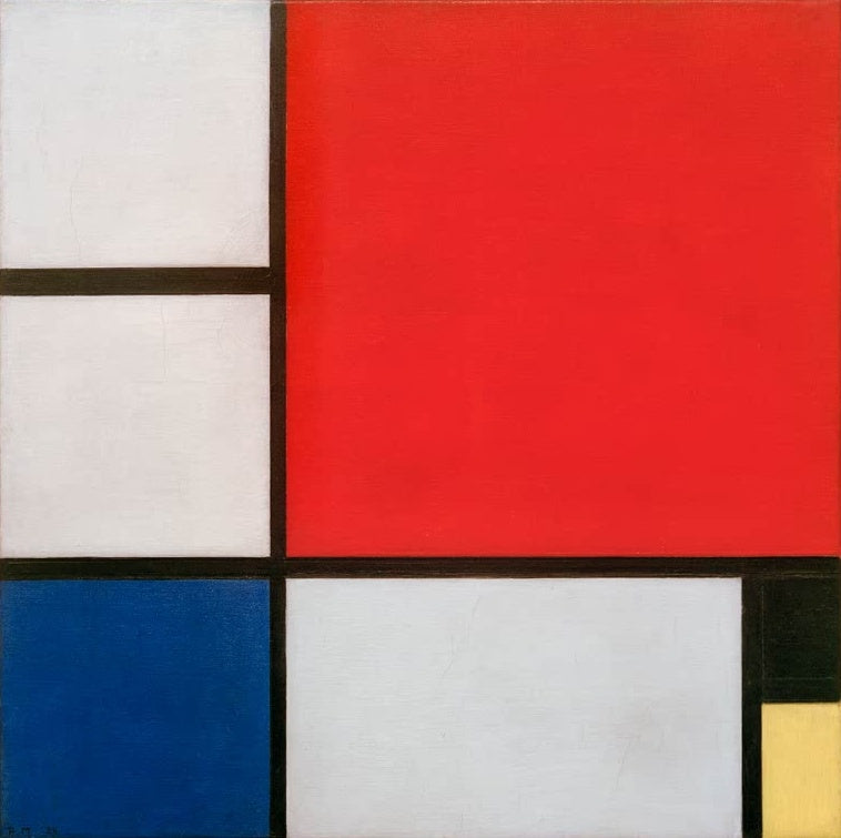 Piet Mondrian Komposition II Kunstkopie, große rote Fläche, blaues Feld, kleines gelbes Feld und schwarze Linien auf Weiß