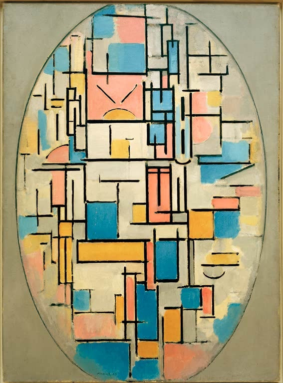 Piet Mondrian Komposition im Oval mit Farbflächen 1 Kunstkopie, rosa, blaue und gelbe Felder in einem grauen Oval