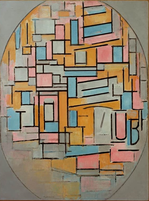 Piet Mondrian Komposition im Oval mit Farbflächen 2 Kunstkopie, orange, rosa und hellblaue Felder mit schwarzen Linien
