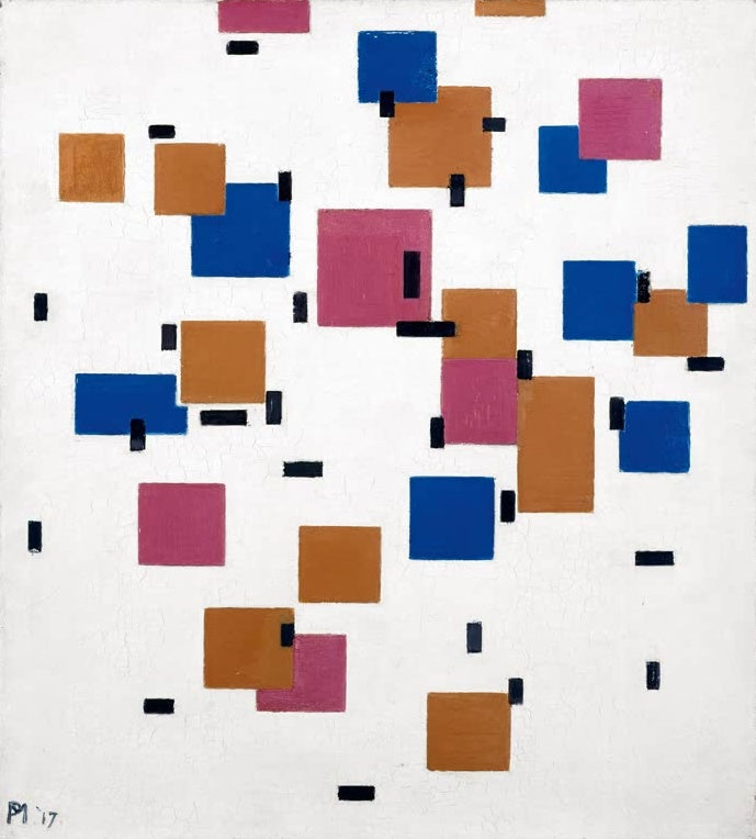 Piet Mondrian Komposition in Farbe A Kunstkopie, blaue, rosafarbene und ockerfarbene Quadrate mit schwarzen Strichen auf Weiß