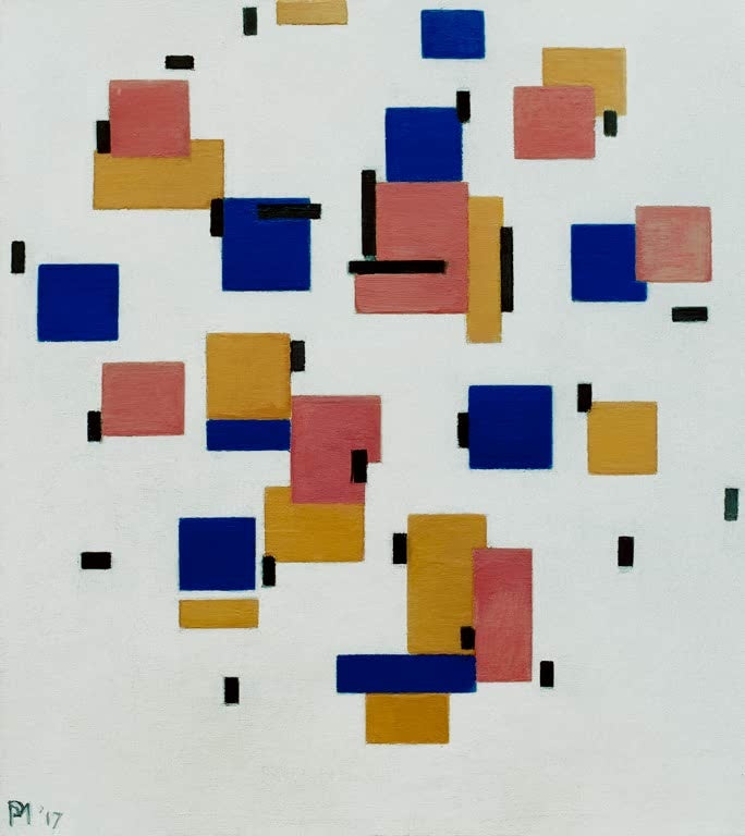 Piet Mondrian Komposition in Farbe B Kunstkopie, blaue, rote und gelbe Rechtecke mit schwarzen Strichen auf weißem Grund