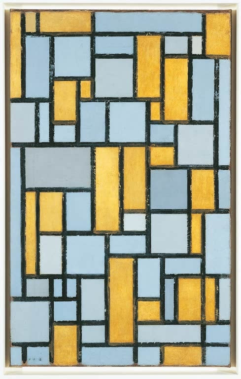 Piet Mondrian Komposition in Grau und Ocker Kunstkopie, Raster aus blaugrauen und ockergelben Rechtecken mit schwarzen Linien