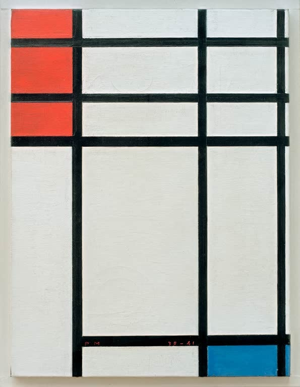 Piet Mondrian Komposition in Rot, Blau und Weiß Kunstkopie, rote und blaue Farbfelder in breitem schwarzem Liniengitter