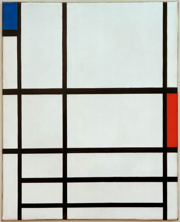 Piet Mondrian Komposition in Rot, Blau und Weiß II Kunstkopie, dichtes schwarzes Liniengitter mit blauem und rotem Feld