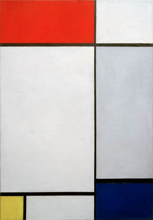 Piet Mondrian Komposition in Rot, Gelb und Blau Kunstkopie, rotes, gelbes und blaues Feld mit Weiß und Grau im Raster