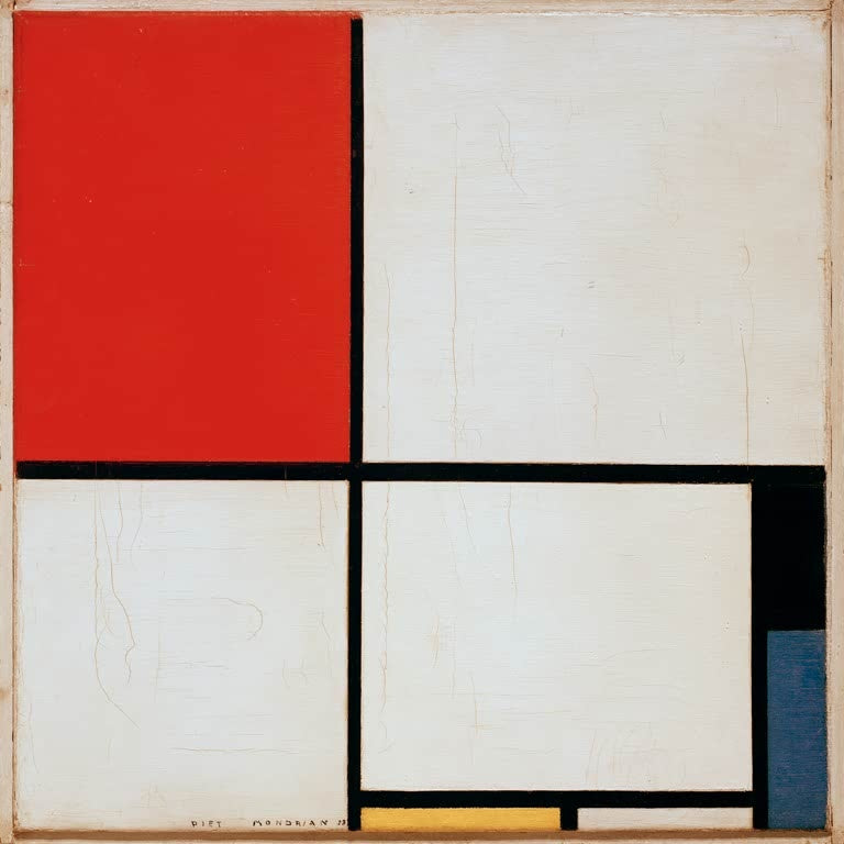 Piet Mondrian Komposition in Rot, Gelb und Blau Kunstkopie, große rote Fläche mit schwarzen Linien und hellen Feldern