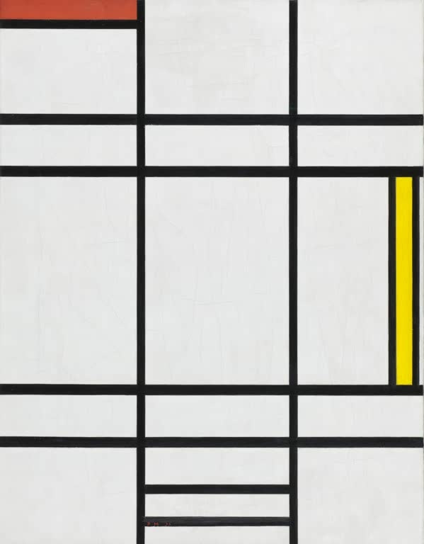 Piet Mondrian Komposition in Weiß, Rot und Gelb Kunstkopie, schwarze Linien auf Weiß mit rotem und gelbem Feld