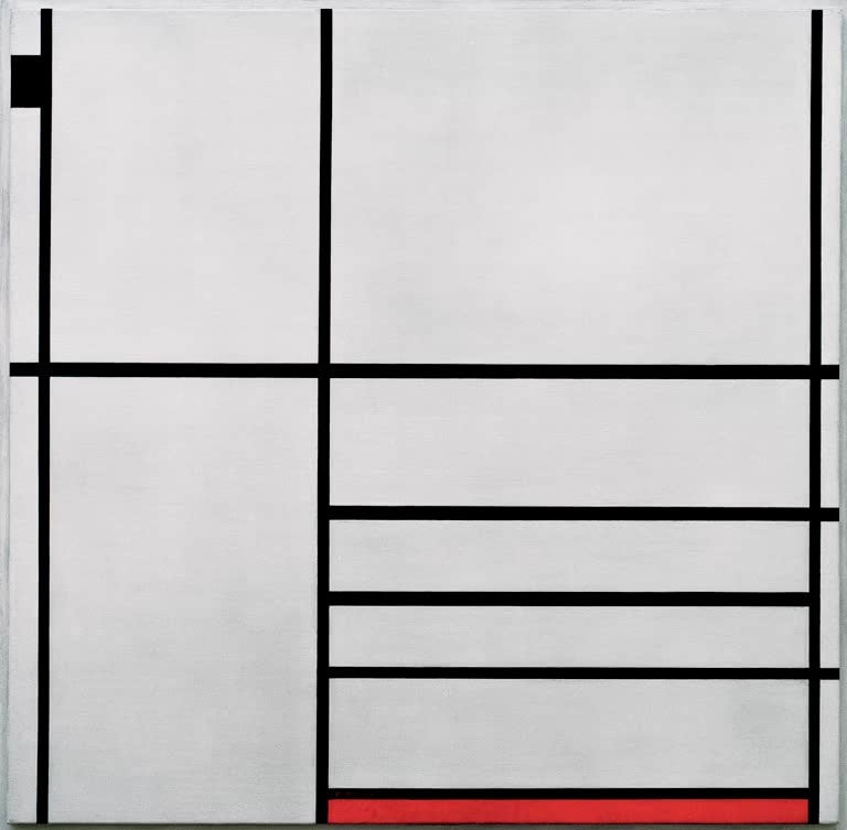Piet Mondrian Komposition in Weiß, Schwarz und Rot Kunstkopie, schwarzes Liniengitter auf hellem Grund mit rotem Streifen