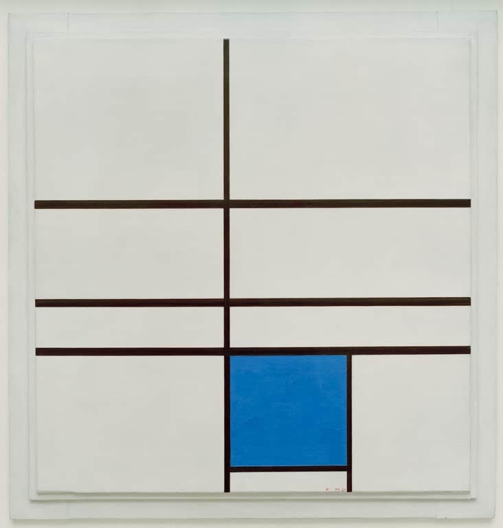 Piet Mondrian Komposition mit Blau Kunstkopie, blaues Feld im unteren Bilddrittel, dunkle Linien, weißer Rahmen