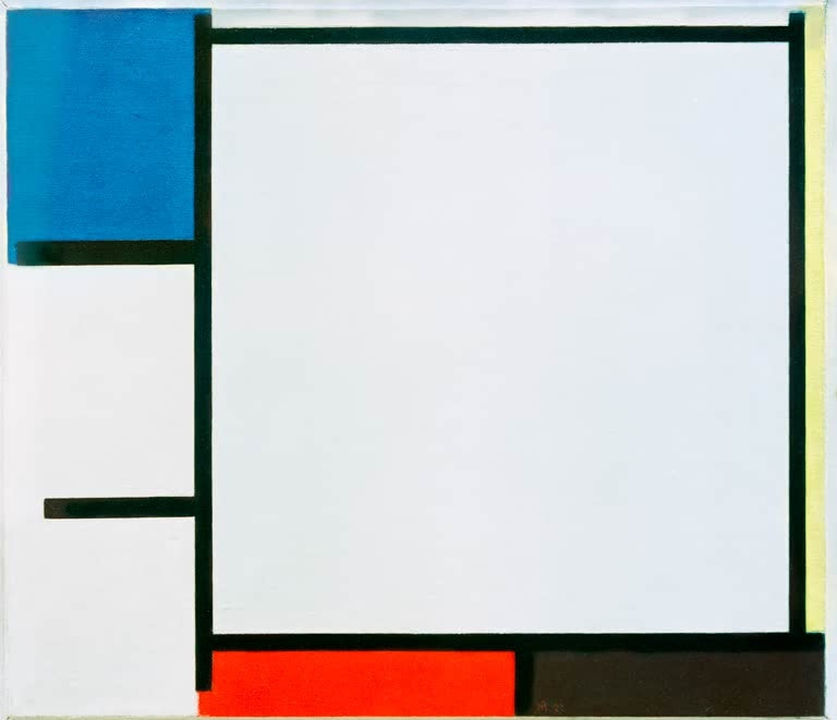 Piet Mondrian Komposition mit Blau, Gelb, Rot, Schwarz und Grau Kunstkopie, weißes Feld mit blauer Ecke und rotem Streifen