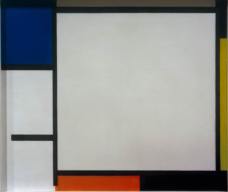 Piet Mondrian Komposition mit Blau, Schwarz, Gelb und Rot Kunstkopie, weite helle Fläche, blaue Ecke und orangeroter Streifen