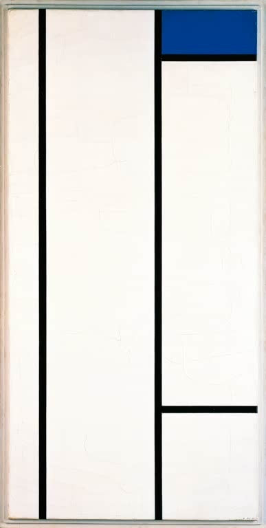 Piet Mondrian Komposition mit Blau und Weiß Kunstkopie, schmales weißes Hochformat mit schwarzen Linien und blauem Feld