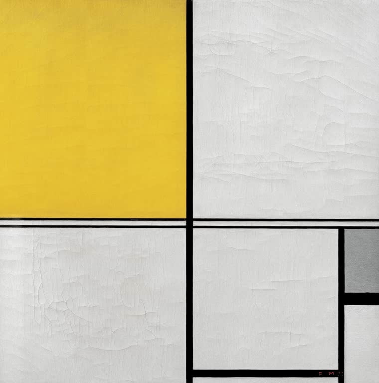 Piet Mondrian Komposition mit Doppellinie und Gelb und Grau Kunstkopie, große gelbe Fläche und graues Feld
