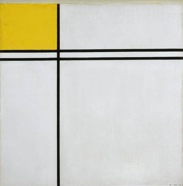 Piet Mondrian Komposition mit Doppellinie und Gelb Kunstkopie, quadratisches Bild mit gelbem Feld und schwarzer Doppellinie