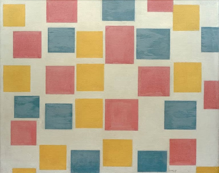 Piet Mondrian Komposition mit Farbflächen 2 Kunstkopie, rote, gelbe und blaugrüne Quadrate auf hellem Grund