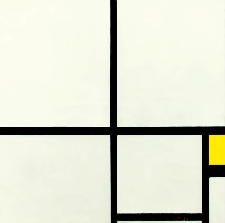 Piet Mondrian Komposition mit Gelb Kunstkopie, schwarze Linien auf hellem Grund mit einem kleinen gelben Feld am rechten Rand