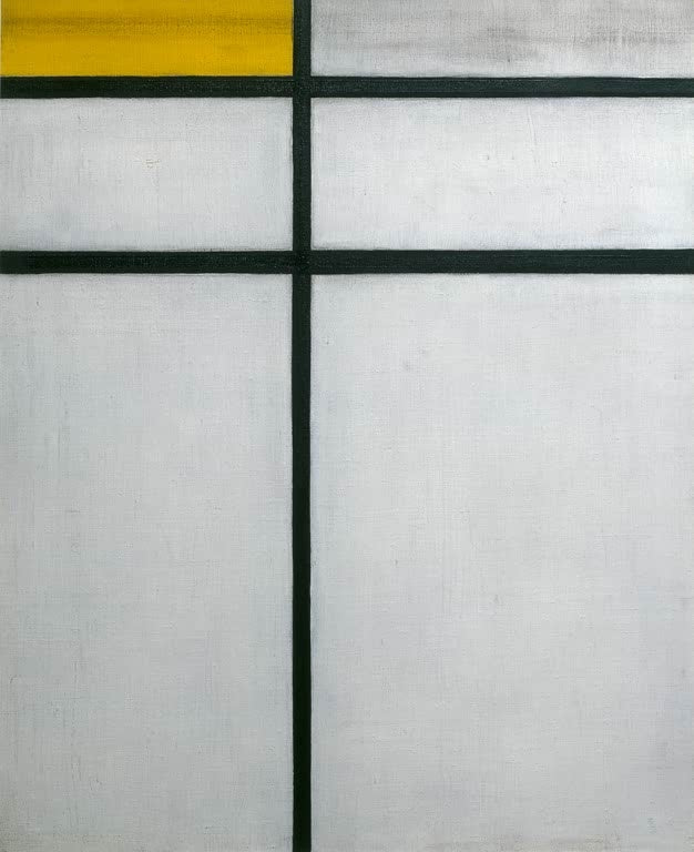 Piet Mondrian Komposition mit Gelb Kunstkopie, helle graue Felder mit schwarzem Linienkreuz und gelbem Rechteck oben links