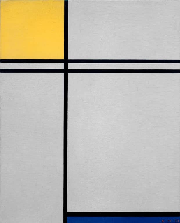 Piet Mondrian Komposition mit Gelb, Blau und Doppellinie Kunstkopie, gelbes Feld oben links und blauer Streifen unten
