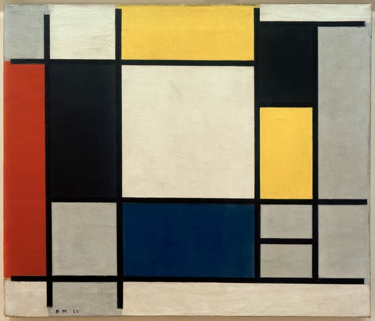 Piet Mondrian Komposition mit Gelb, Rot, Schwarz, Blau und Grau Kunstkopie, schwarze Linien und farbige Rechtecke auf Weiß