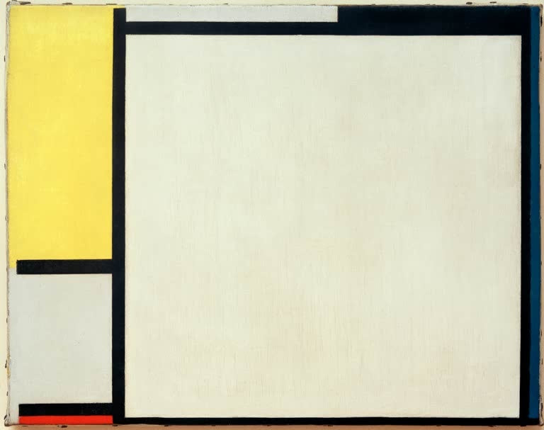 Piet Mondrian Komposition mit Gelb, Schwarz, Blau, Rot und Grau Kunstkopie, große helle Fläche mit gelbem Feld links