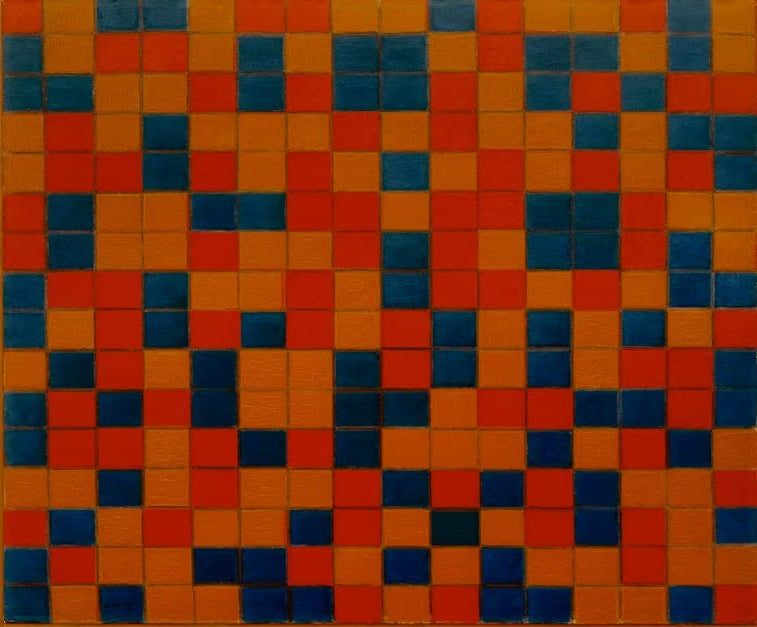 Piet Mondrian Komposition mit Gitter 8 Kunstkopie, Raster aus roten, orangefarbenen und dunkelblauen Quadraten