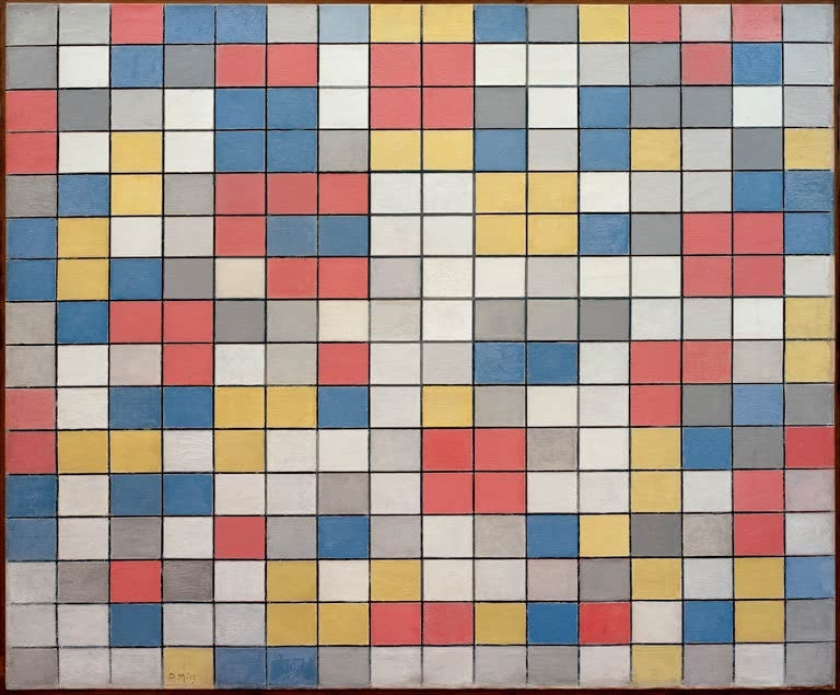 Piet Mondrian Komposition mit Gitter 9 Kunstkopie, Raster aus roten, gelben, blauen, grauen und weißen Quadraten
