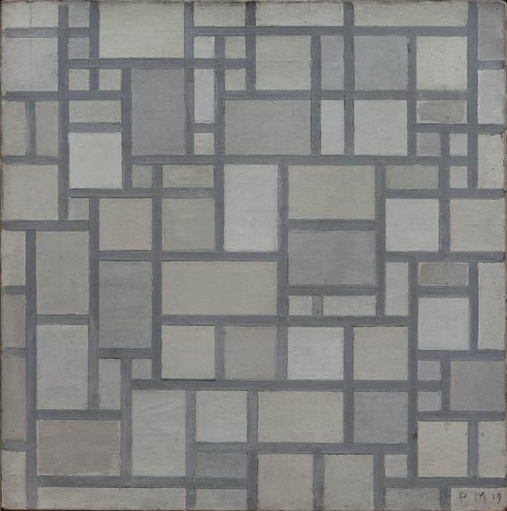 Piet Mondrian Komposition mit Gitterwerk 7 Kunstkopie, Raster aus grauen Linien und hellen Rechtecken in Grau und Beige