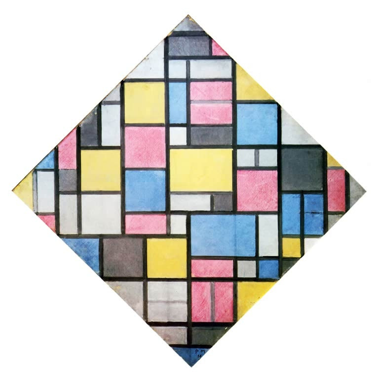 Piet Mondrian Komposition mit Gitterwerk 7 Kunstkopie, Raute aus gelben, blauen, rosa und grauen Feldern im schwarzen Gitter