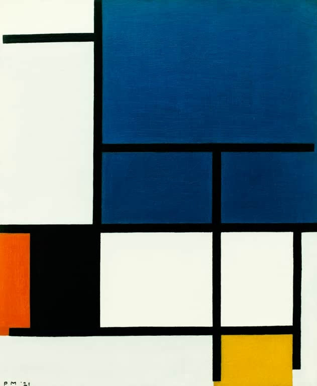 Piet Mondrian Komposition mit großer blauer Fläche Kunstkopie, tiefblaues Feld, rote, schwarze und gelbe Akzente auf Weiß