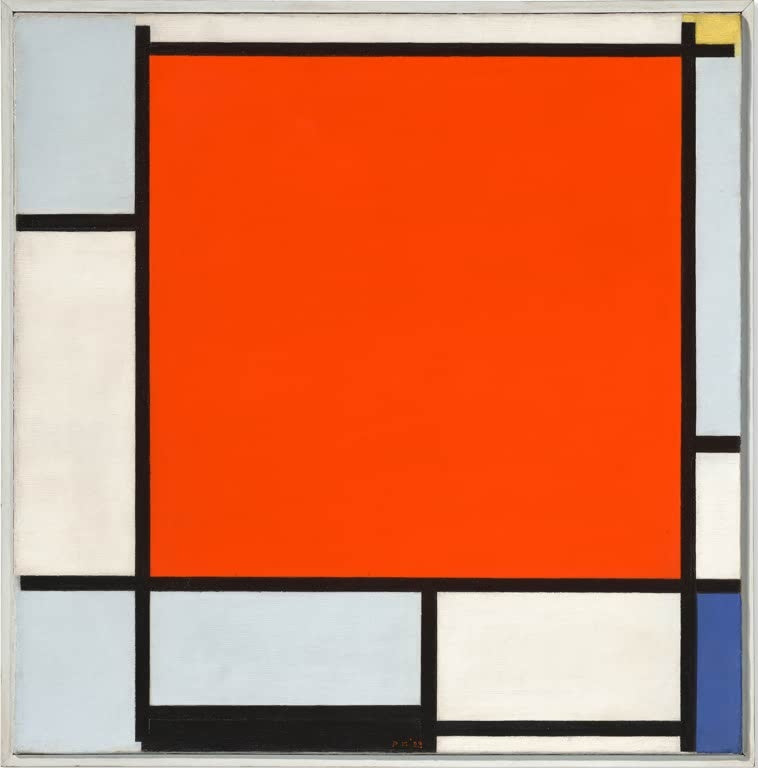 Piet Mondrian Komposition mit großer roter Fläche, Bläulichgrau, Gelb, Schwarz und Blau Kunstkopie, großes rotes Quadrat