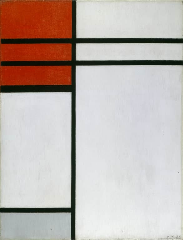 Piet Mondrian Komposition mit Rot Kunstkopie, rote Felder links oben, schwarze Linien, große weiße Fläche und graues Feld