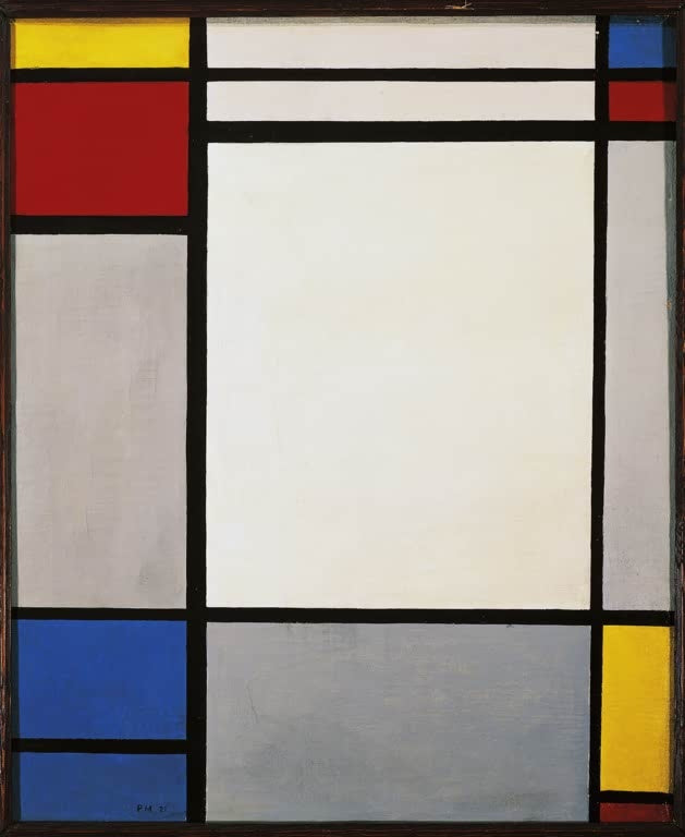 Piet Mondrian Komposition Kunstkopie, helle Mitte umgeben von Feldern in Rot, Blau, Gelb und Grau mit schwarzen Linien