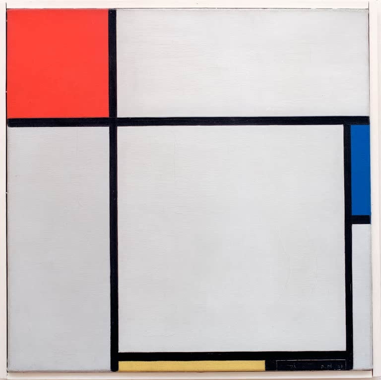 Piet Mondrian Komposition mit Rot, Blau, Gelb und Schwarz Kunstkopie, Farbfelder an den Rändern einer grauen Fläche
