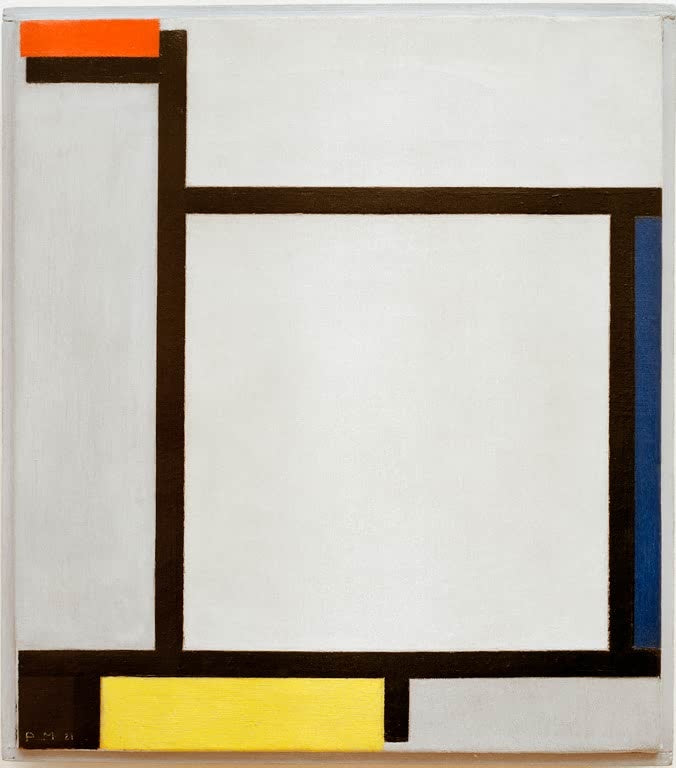 Piet Mondrian Komposition mit Rot, Blau, Schwarz, Gelb und Grau Kunstkopie, helle Fläche, schwarze Balken und Farbakzente