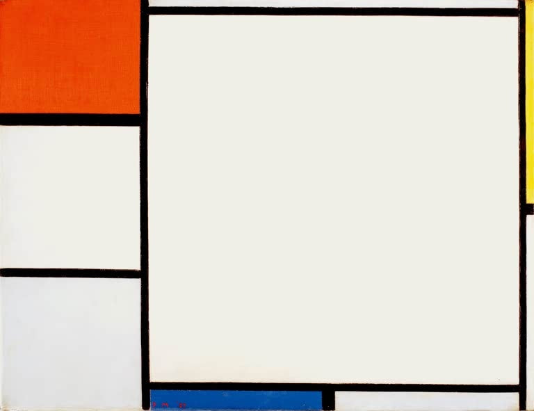 Piet Mondrian Komposition mit Rot, Gelb und Blau Kunstkopie, Querformat mit rotem Feld, großem hellem Feld und Linien
