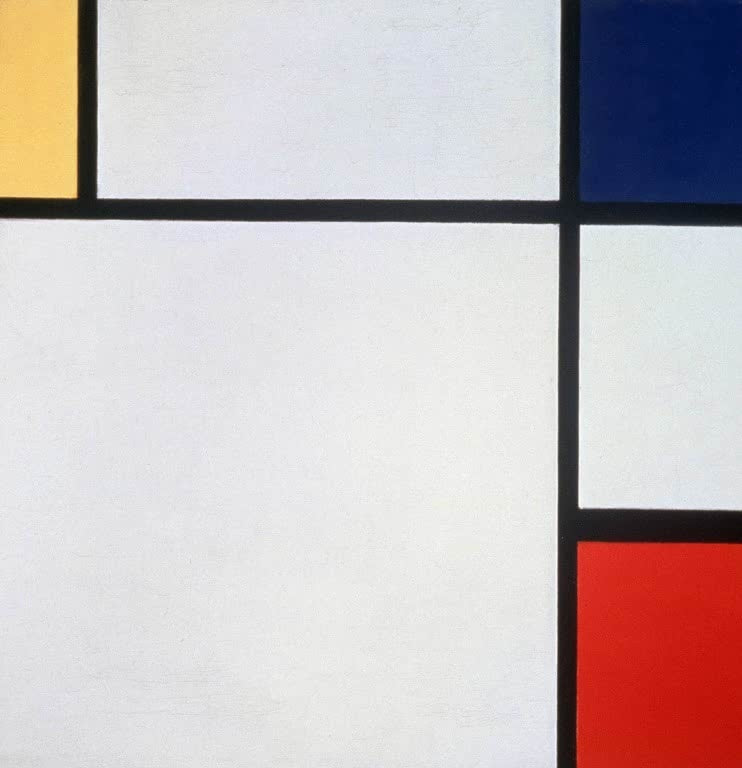 Piet Mondrian Komposition mit Rot, Gelb und Blau Kunstkopie, große weiße Flächen mit schwarzen Linien und drei Farbfeldern