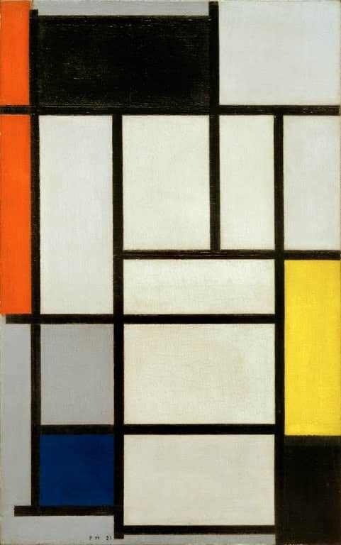 Piet Mondrian Komposition mit Rot, Schwarz, Gelb, Blau und Grau Kunstkopie, Raster mit hellen Feldern und Farbakzenten