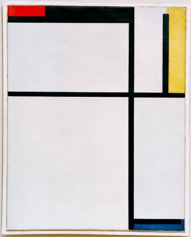 Piet Mondrian Komposition mit Rot, Schwarz, Gelb, Blau und Grau Kunstkopie, weiße Felder, schwarze Linien, Rot und Gelb
