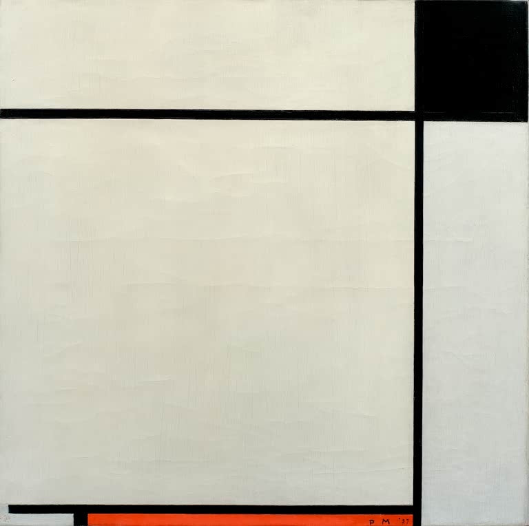 Piet Mondrian Komposition mit Schwarz, Rot und Grau Kunstkopie, schwarzes Feld oben rechts, roter Streifen unten