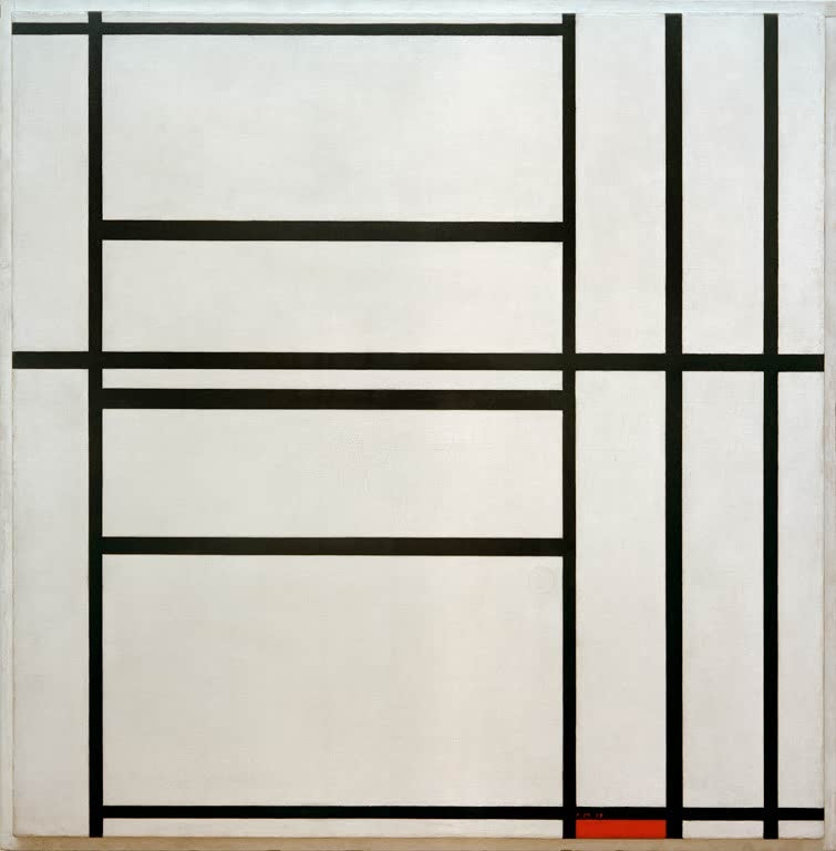 Piet Mondrian Komposition Nr. 1 mit Grau und Rot Kunstkopie, schwarze Linien auf hellem Grund mit rotem Akzent unten