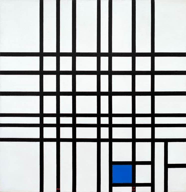 Piet Mondrian Komposition Nr. 12 mit Blau Kunstkopie, dichtes Liniengitter mit einem blauen Quadrat unten rechts