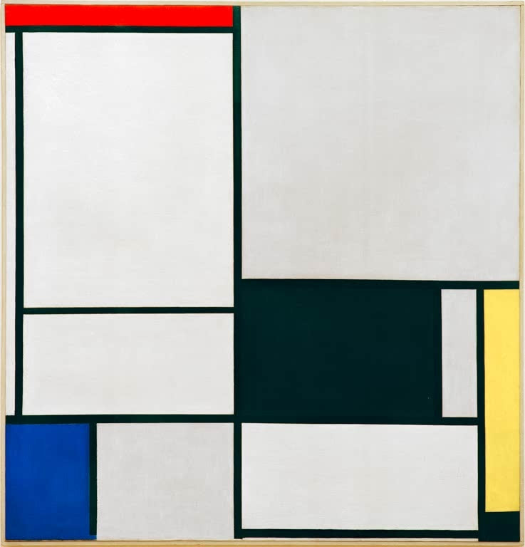 Piet Mondrian Komposition Nr. 2 Kunstkopie, große graue Flächen mit schwarzem Feld und Akzenten in Rot, Blau und Gelb