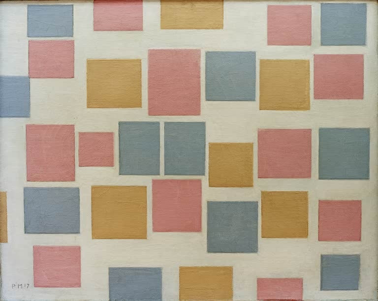 Piet Mondrian Komposition mit Farbflächen 3 Kunstkopie, rosa, gelbe und graublaue Rechtecke auf weißem Grund