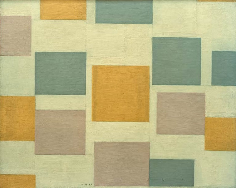 Piet Mondrian Komposition mit Farbflächen 5 Kunstkopie, ockergelbe, grüngraue und mauvefarbene Rechtecke auf hellem Grund