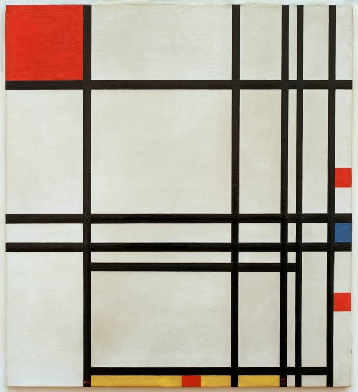 Piet Mondrian Komposition Nr. 8 Kunstkopie, rotes Feld, dichte schwarze Linien und gelbe Balken am unteren Rand