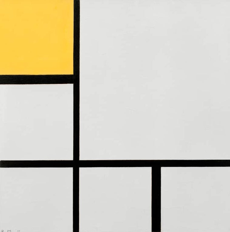 Piet Mondrian Komposition Nr. I mit Gelb Kunstkopie, gelbes Feld oben links in einem Raster aus schwarzen Linien
