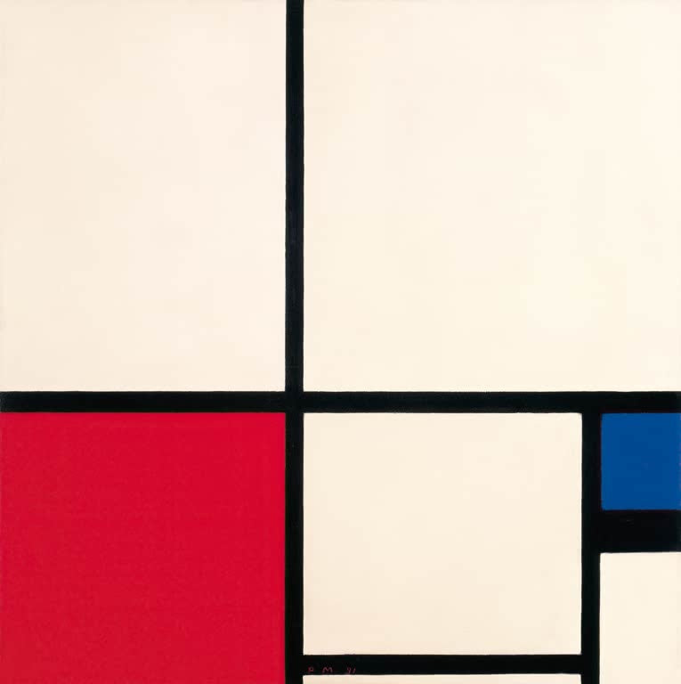 Piet Mondrian Komposition Nr. I mit Rot und Blau Kunstkopie, Quadrat mit roter und blauer Fläche in schwarzem Raster