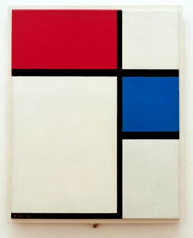 Piet Mondrian Komposition Nr. II mit Blau und Rot Kunstkopie, rotes und blaues Rechteck mit schwarzen Balken auf Weiß