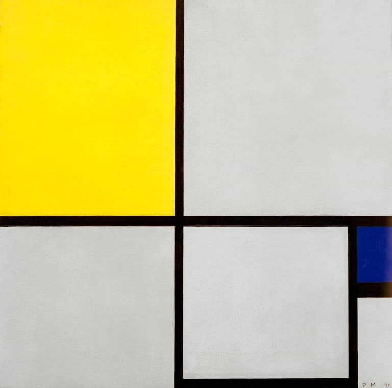 Piet Mondrian Komposition Nr. II mit Gelb und Blau Kunstkopie, großes gelbes Feld und blaues Rechteck mit schwarzen Linien