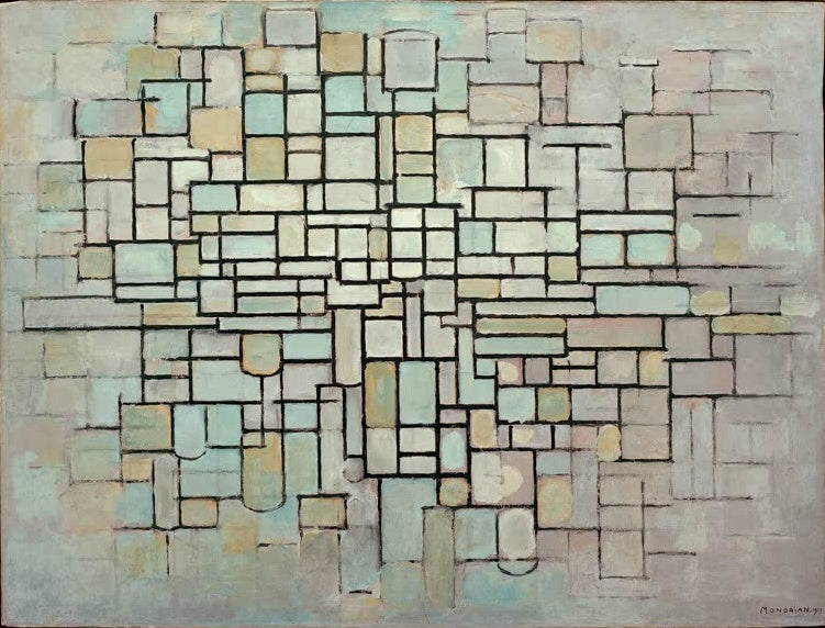 Piet Mondrian Komposition Nr. II mit Linien und Farbe Kunstkopie, feines Raster aus Rechtecken in Grau und Türkis